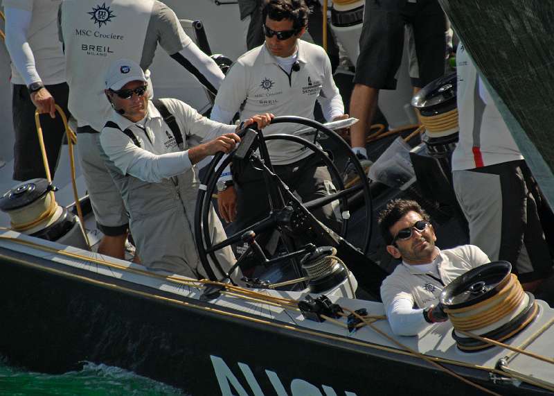 20090205-1752_paolo_cian.jpg - Louis Vuitton Pacific Series 2009 Auckland, New Zealand. Looking into the cockpit of Team Shosholoza with Paolo Cian at the helm and Nello Pavoni trimmning during day one of Round Robin Two.  Credit Must Read:BOB GRIESER Outsideimages.co.nz