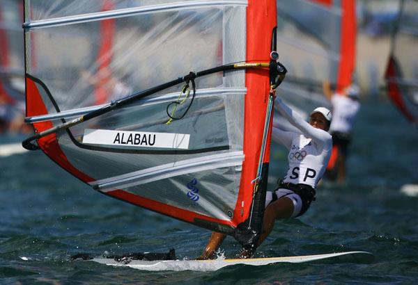 beijing_sensini_2.jpg - QINGDAO, CHINA - AUGUST 11:  Marina Alabau of Spain competes in the RS:X windsurf class race held at the Qingdao Olympic Sailing Center during day 3 of the Beijing 2008 Olympic Games on August 11, 2008 in Qingdao, China.  (Photo by Clive Mason/Getty Images)