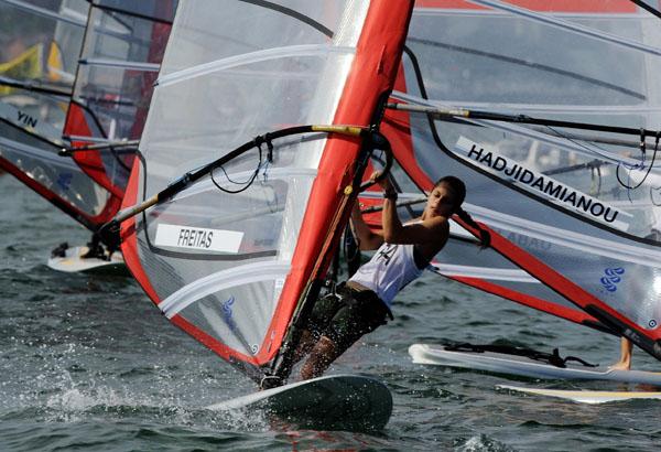 beijing_sensini_3.jpg - Sailboarder Patricia Freitas of Brazil maneuvers for position before the start of the women's RS:X class in the 2008 Beijing Olympic Games August 11, 2008 in Qingdao, China.  AFP PHOTO/DON EMMERT (Photo credit should read DON EMMERT/AFP/Getty Images)